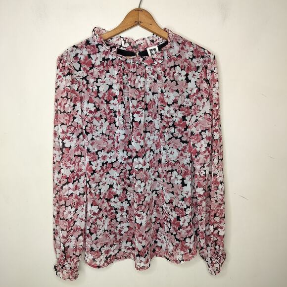 Anne Klein Floral Chiffon Blouse Pink Black Long Sleeve - Picture 1 of 8